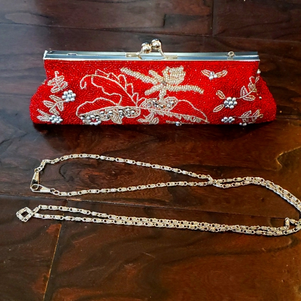 Red sequin clutch with removable strap